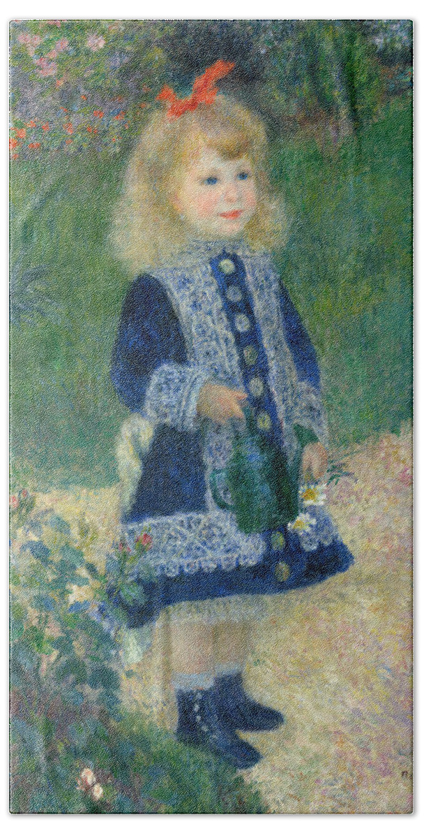 A Girl With A Watering Can Is An Impressionist Oil On Canvas Painting Created By Pierre Auguste Renoir In 1876 Bath Towel featuring the painting A Girl with a Watering Can is an Impressionist oil on canvas painting created by Pierre Auguste Reno by MotionAge Designs