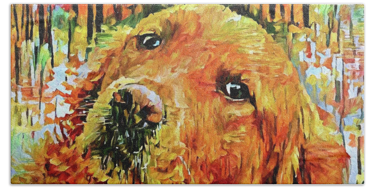 Golden Retriever Bath Towel featuring the mixed media A Golden Retriever Dog in Autumn by Peggy Collins