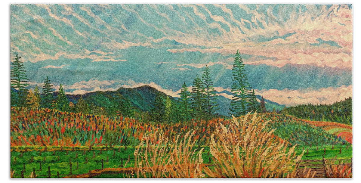 Vineyard Bath Towel featuring the painting Tranquility on Lone Pine Ridge. Booneville, California. by ArtStudio Mateo