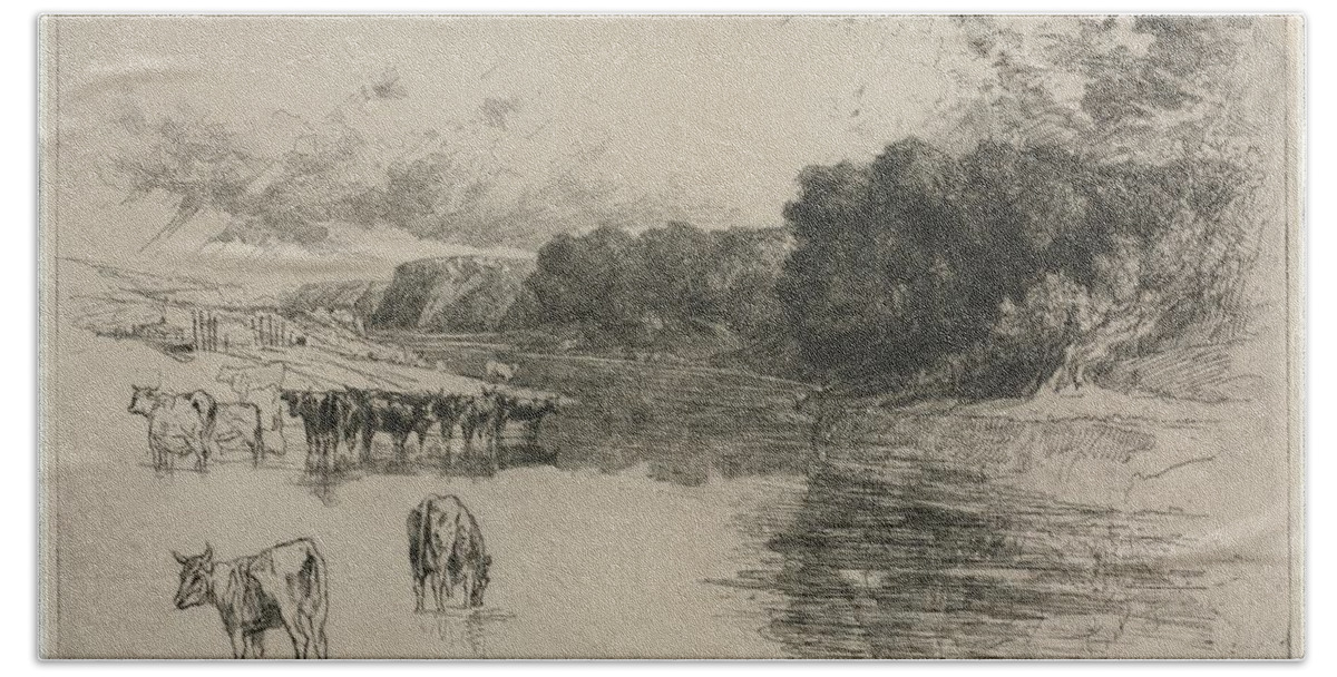 A Lancashire River 1881 Francis Seymour Haden British 1818 To 1910 Bath Towel featuring the painting A Lancashire River 1881 Francis Seymour Haden British 1818 to 1910 by MotionAge Designs