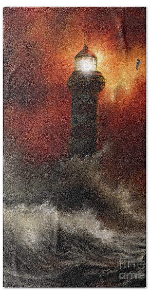 Lighthouse Hand Towel featuring the digital art A light house on a stormy night by Darren Cannell