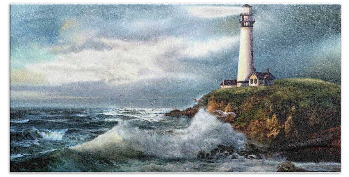 Seascape Bath Towel featuring the painting A Light of Hope, Pigeon Point Lighthouse by Regina Femrite