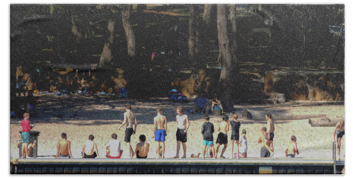  Bath Towel featuring the photograph A line of sun lovers on the banks of Lake Leschenaultia, Western by Jeremy Holton