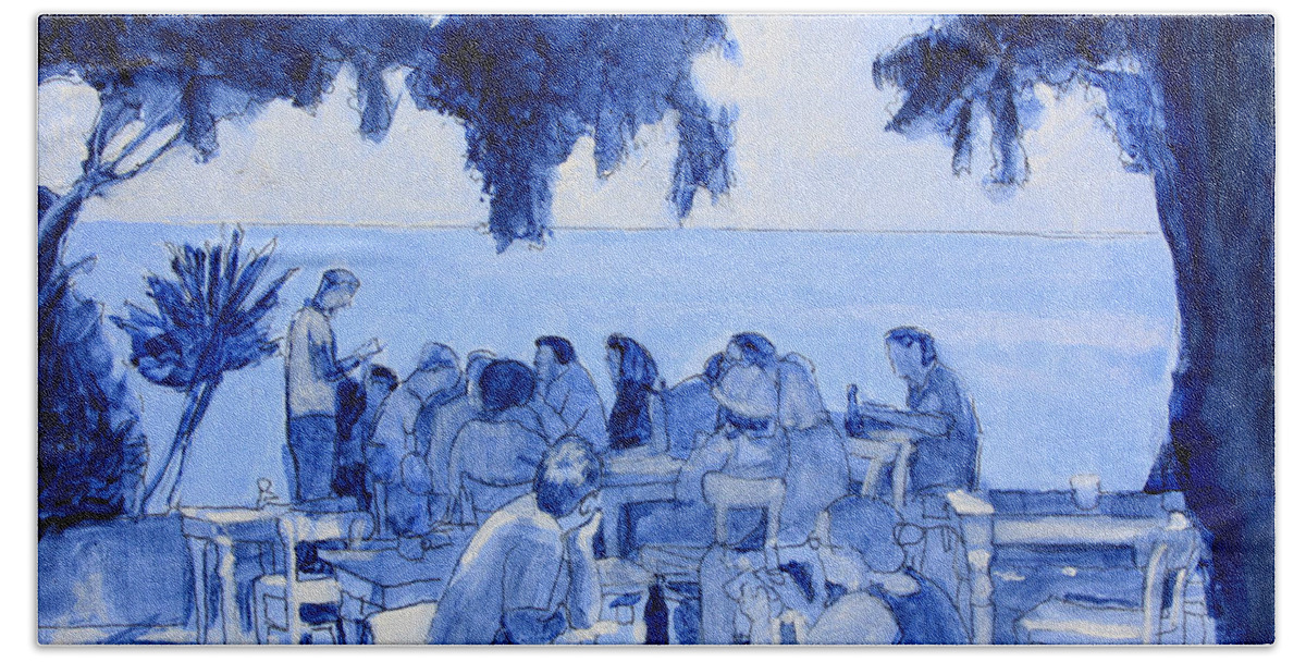 Dining Al Fresco Bath Towel featuring the painting A Lunch in Crete by David Zimmerman