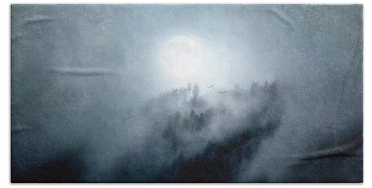 Landscape Bath Towel featuring the photograph A Moon in the Mist by Philippe Sainte-Laudy