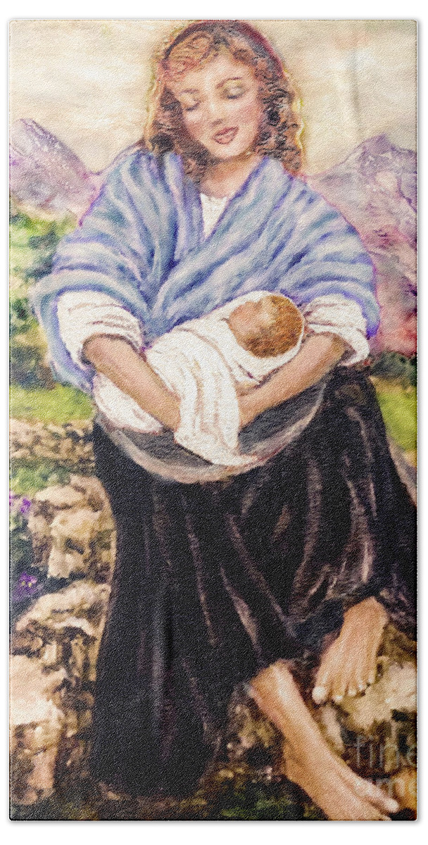 Madonna And Child Bath Towel featuring the painting A Mother's Joy by Bonnie Marie