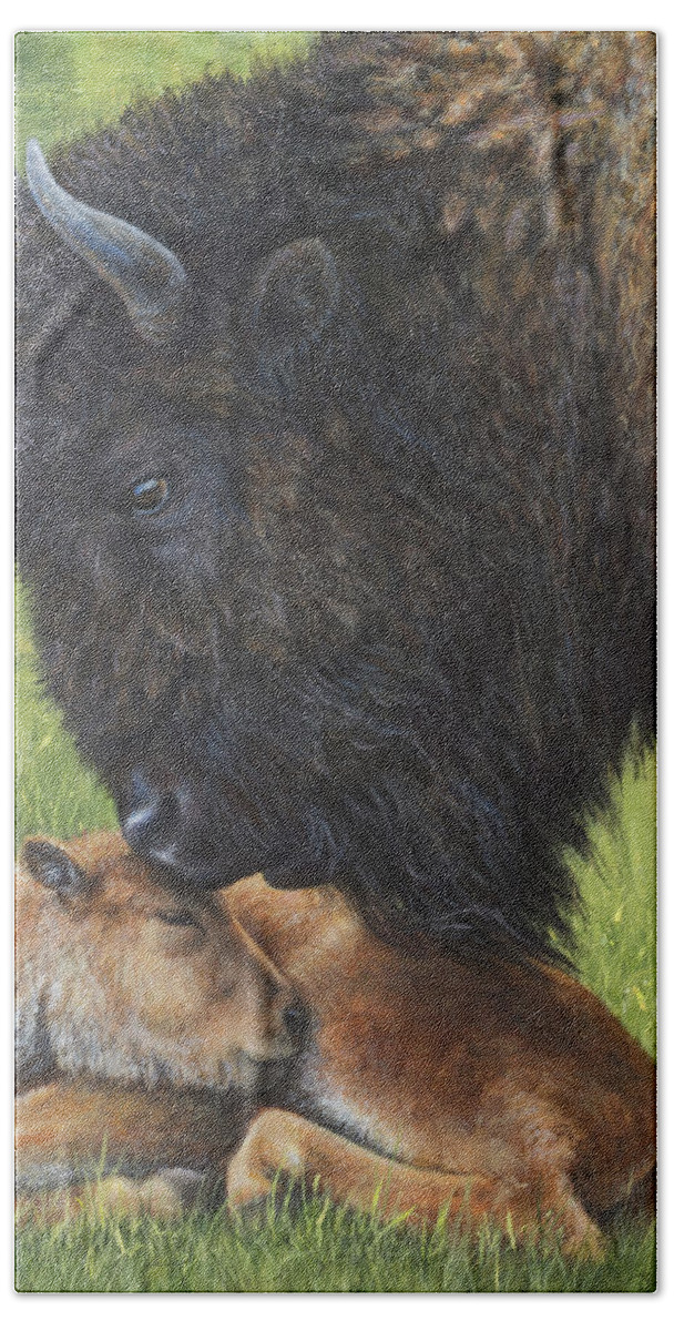 Bison Bath Towel featuring the painting A Mother's Love by Kim Lockman