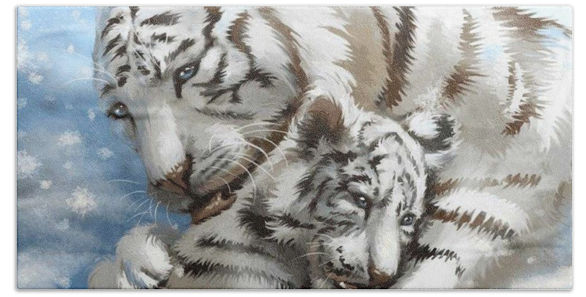 Tiger Bath Towel featuring the painting A Mother's Love by Teresa Trotter