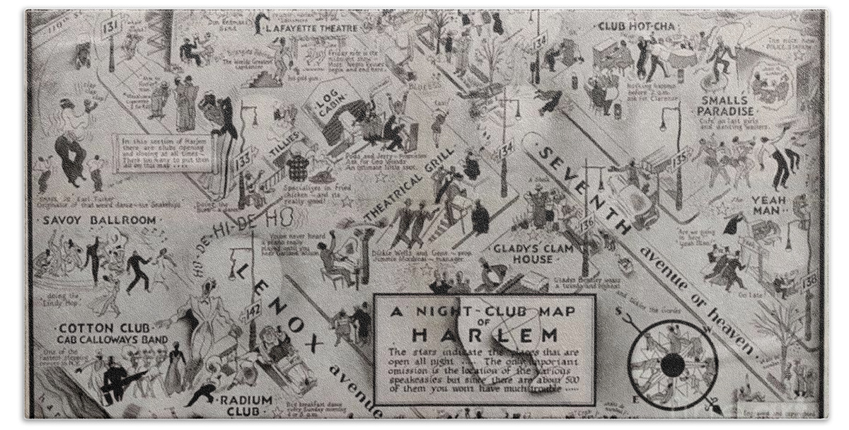 Night Club Map Of Harlem Hand Towel featuring the drawing A Night Club Map of Harlem by the artist Elmer Simms Campbell by Afinelyne