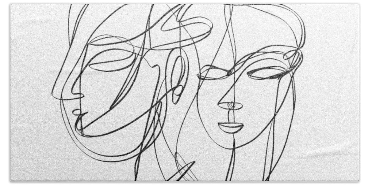 Sketch Bath Towel featuring the digital art A one-line abstract drawing depicting two faces in a symbiotic relationship by OLena Art