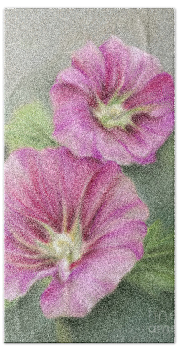 Botanical Bath Towel featuring the painting A Pair of Pretty Pink Hollyhocks by MM Anderson