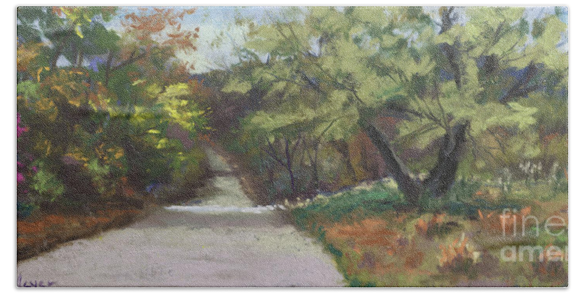 Plein Air Landscape Painting Stoneham Maine Bath Towel featuring the painting A Quiet Road by Terri Meyer