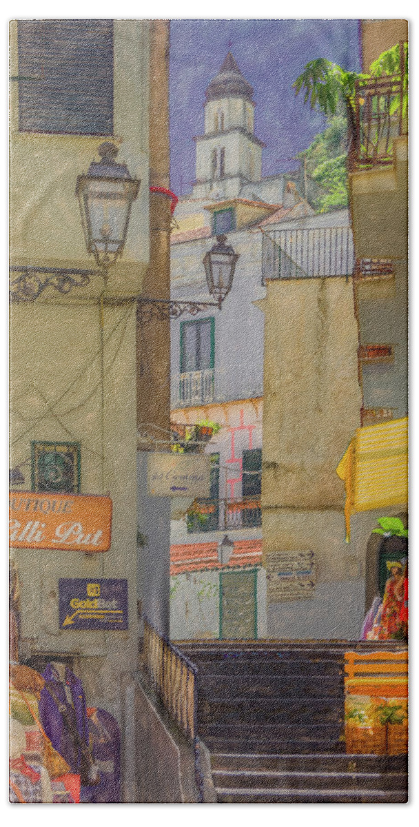 Italy Bath Towel featuring the photograph A Slice of Life in Amalfi, Painterly by Marcy Wielfaert
