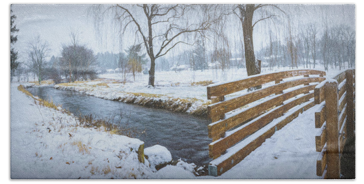 Snow Bath Towel featuring the digital art A Snowy Cedar Creek Bridge and Creek Impressionism by Jason Fink