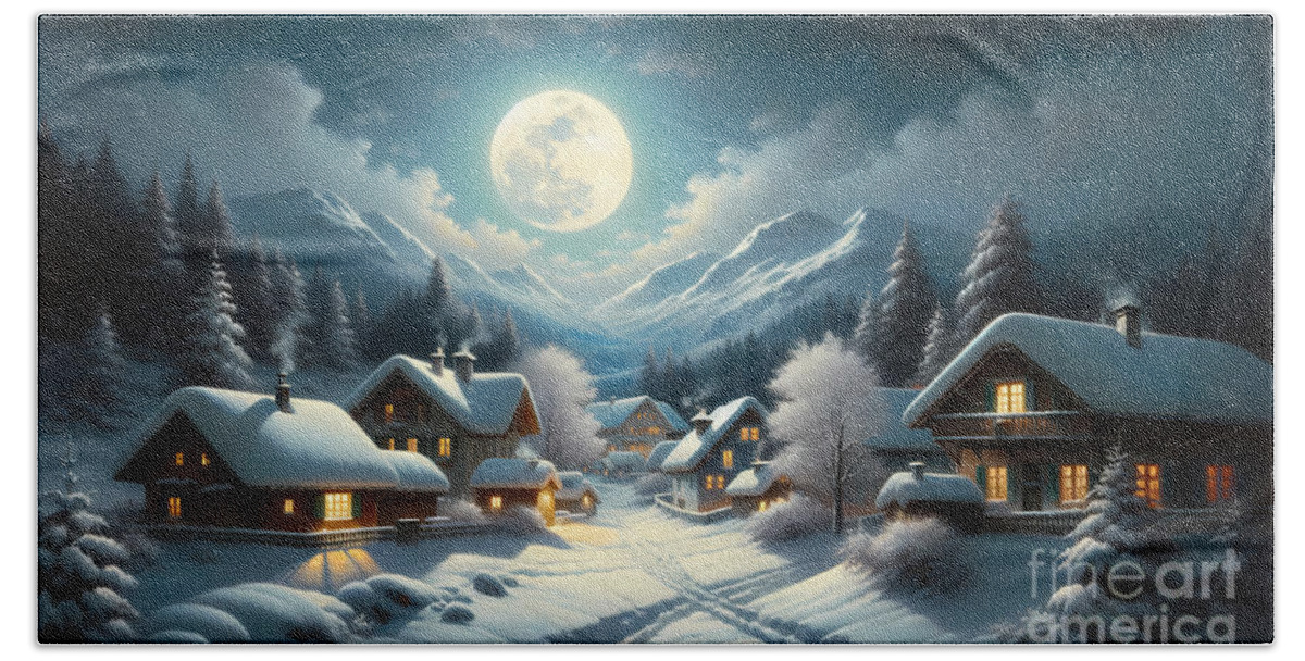 Snowy Bath Towel featuring the painting A snowy moonlit night in a quiet alpine village by Jeff Creation