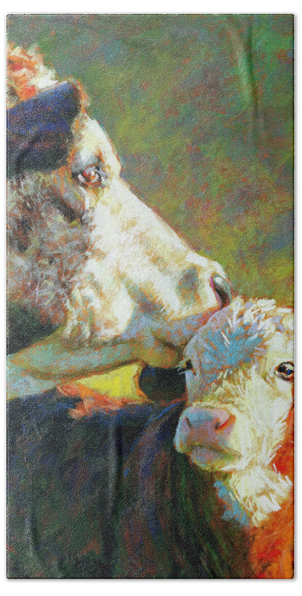 Cows Hand Towel featuring the pastel A Soft Kiss by Rita Kirkman