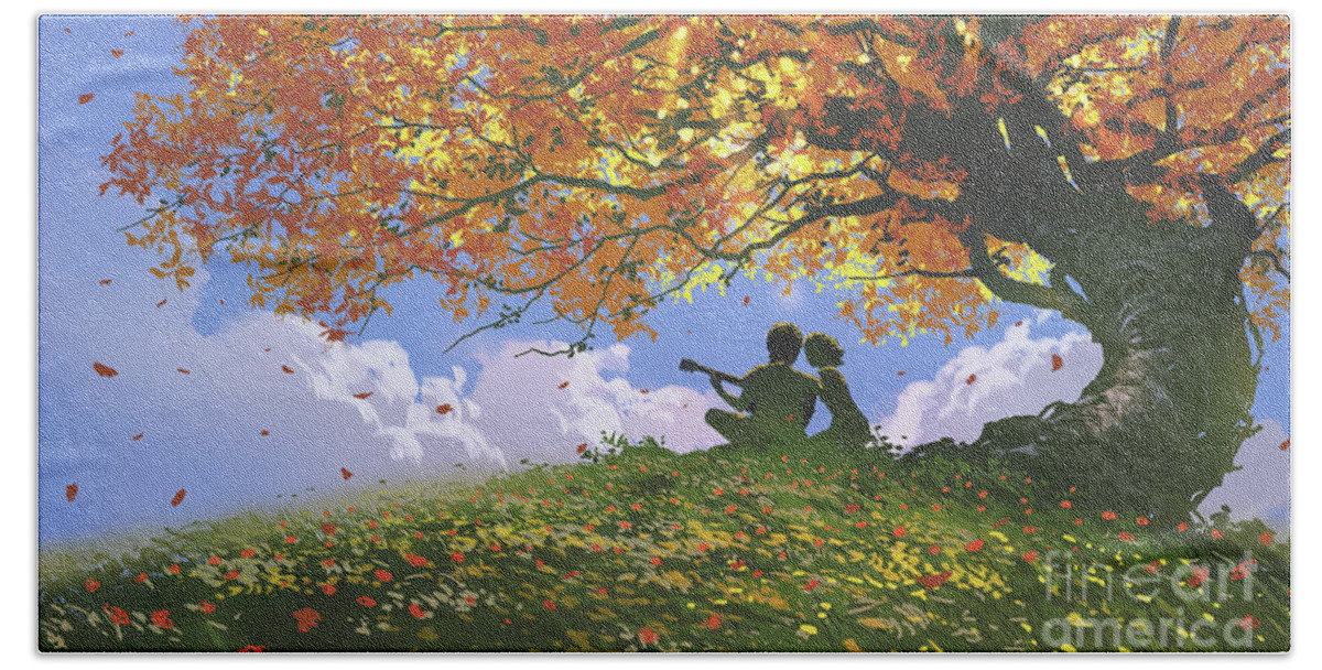 Illustration Hand Towel featuring the painting A Song For Us In Autumn by Tithi Luadthong