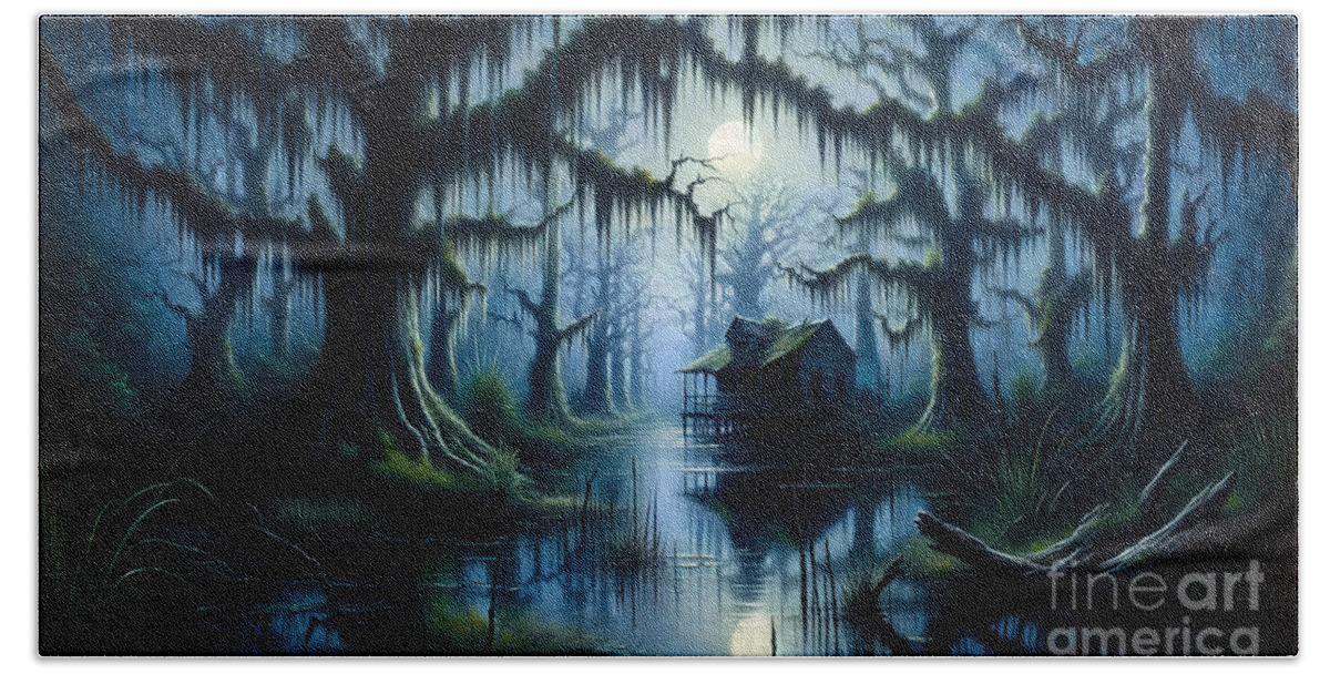 Southern-gothic Hand Towel featuring the painting A Southern Gothic scene with a bayou and Spanish moss, in a moonlit setting. by Jeff Creation