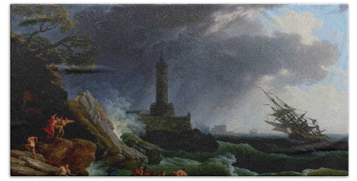 A Storm On A Mediterranean Coast Bath Towel featuring the painting A Storm on a Mediterranean Coast by Claude Joseph Vernet by Rolando Burbon
