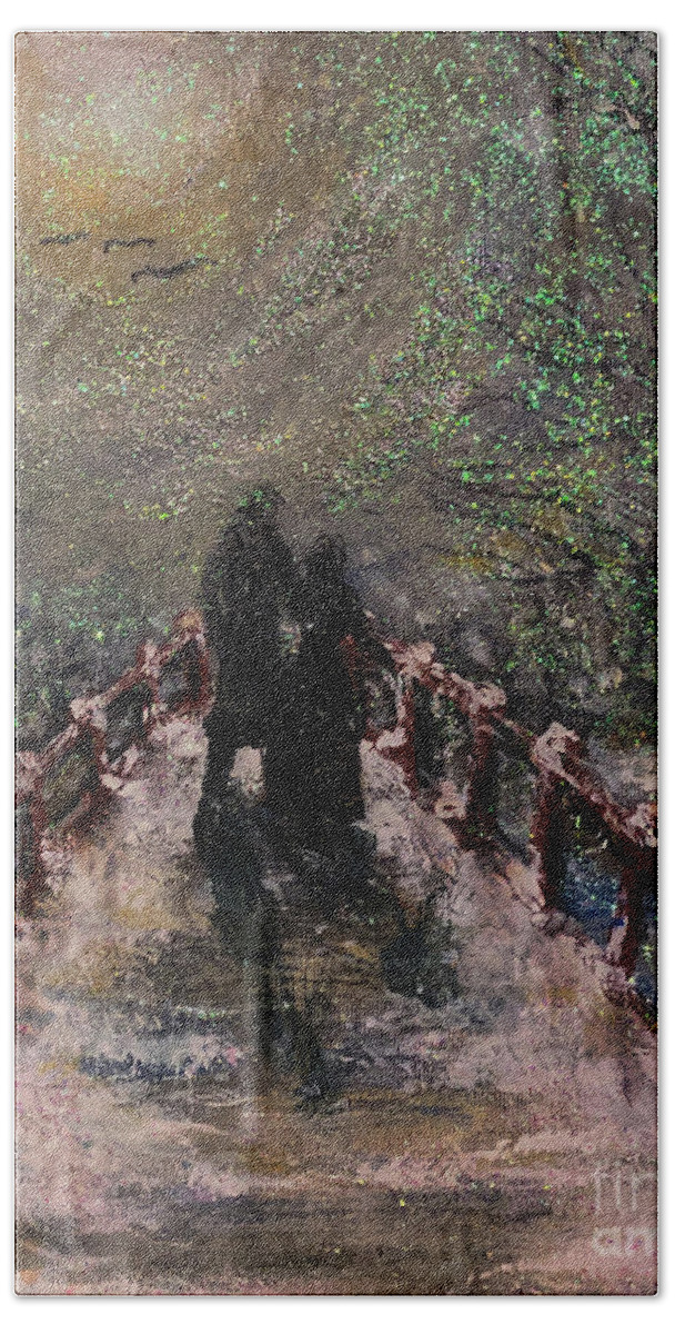 A Stroll In The Starlight And Snow Hand Towel featuring the painting A Stroll in Starlight and Snow by Bonnie Marie