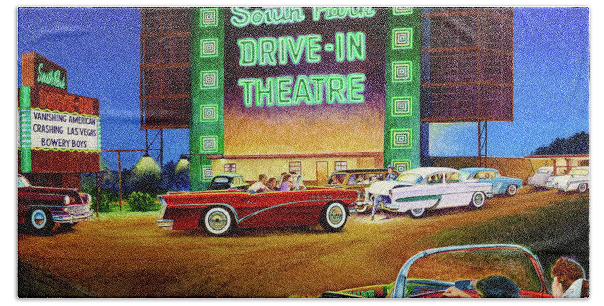 Fifties Summer Remembered South Park Drive-in Theatre Theater Neon Lights 1950 Hand Towel featuring the painting A Summer Remembered by Randy Welborn