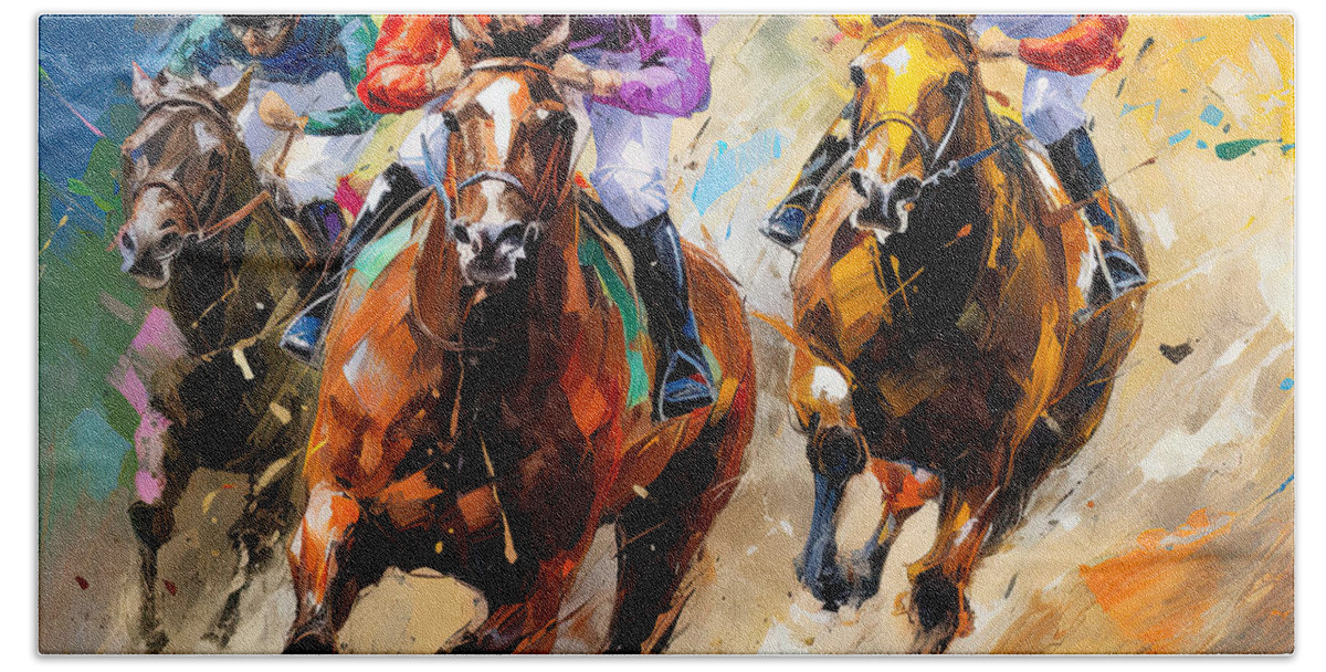 Horse Racing Hand Towel featuring the painting A Symphony of Speed by Lourry Legarde