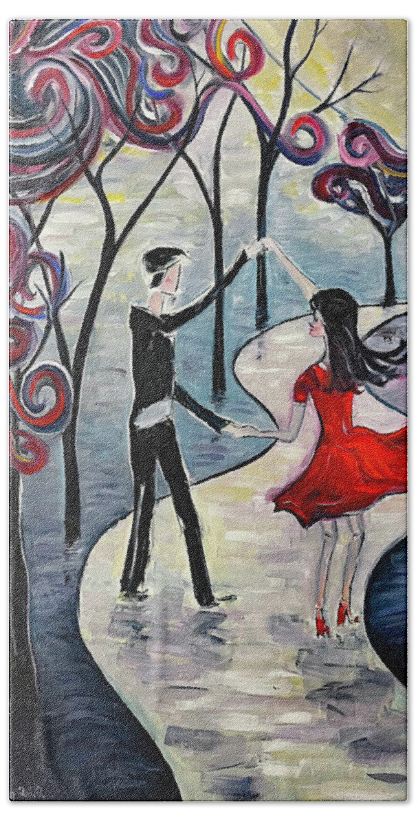 Romantic Couple Bath Towel featuring the painting Dancing in the Moonlight by Roxy Rich