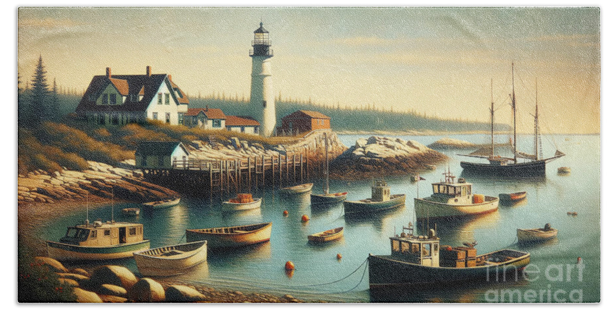Maine Hand Towel featuring the painting A tranquil fishing village in coastal Maine, with lobster boats and lighthouses. by Jeff Creation