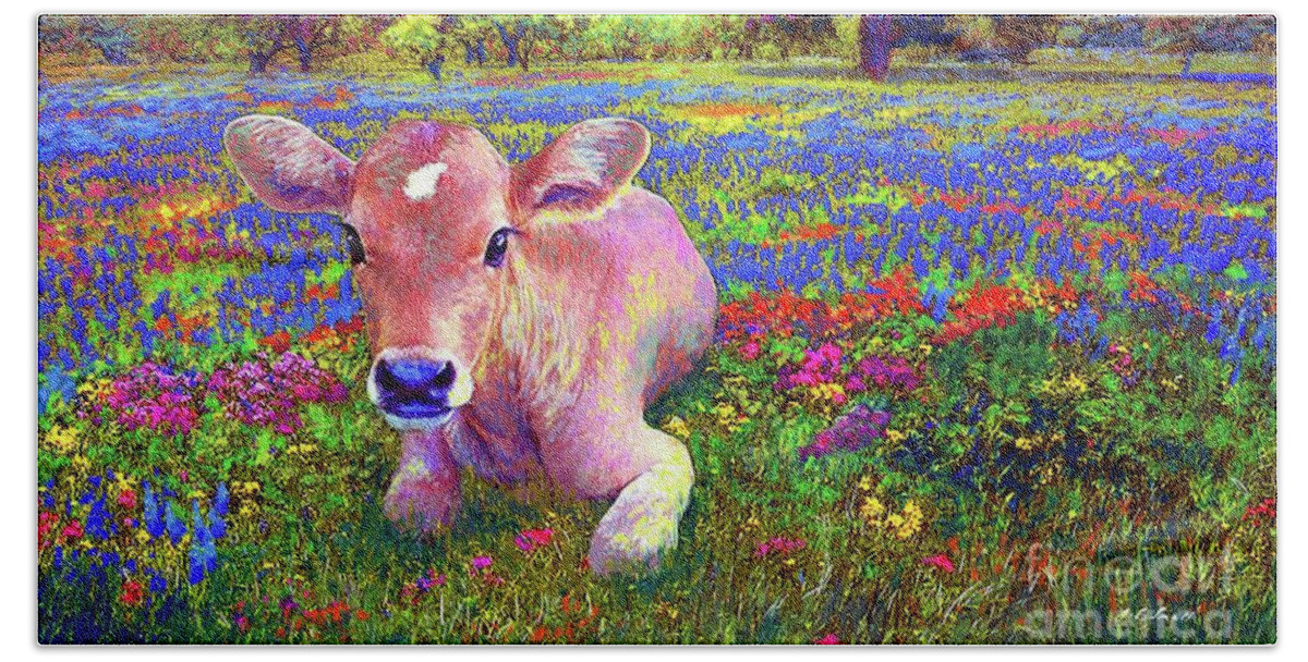 Floral Bath Towel featuring the painting A Very Content Cow by Jane Small