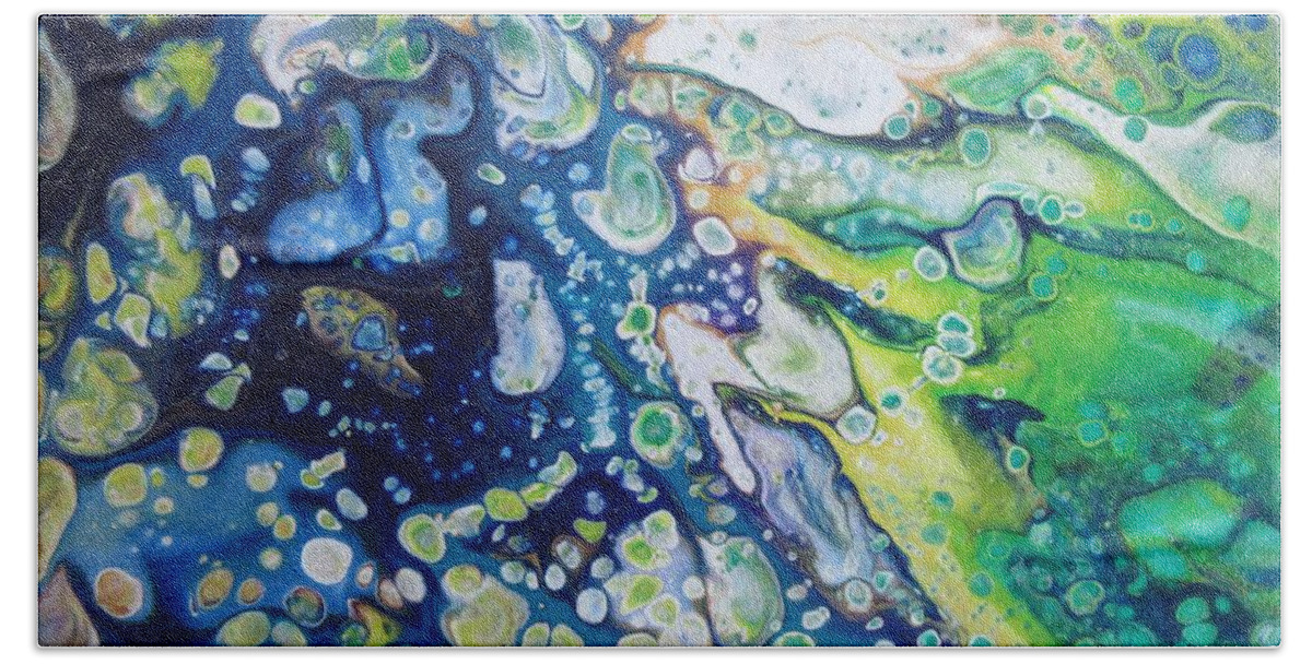 Earth Space Green Blue Water Planet Abstract Pour Art Pattern Mask Pillow Cushion Textile Lobby Hand Towel featuring the painting A View From Space by Bradley Boug
