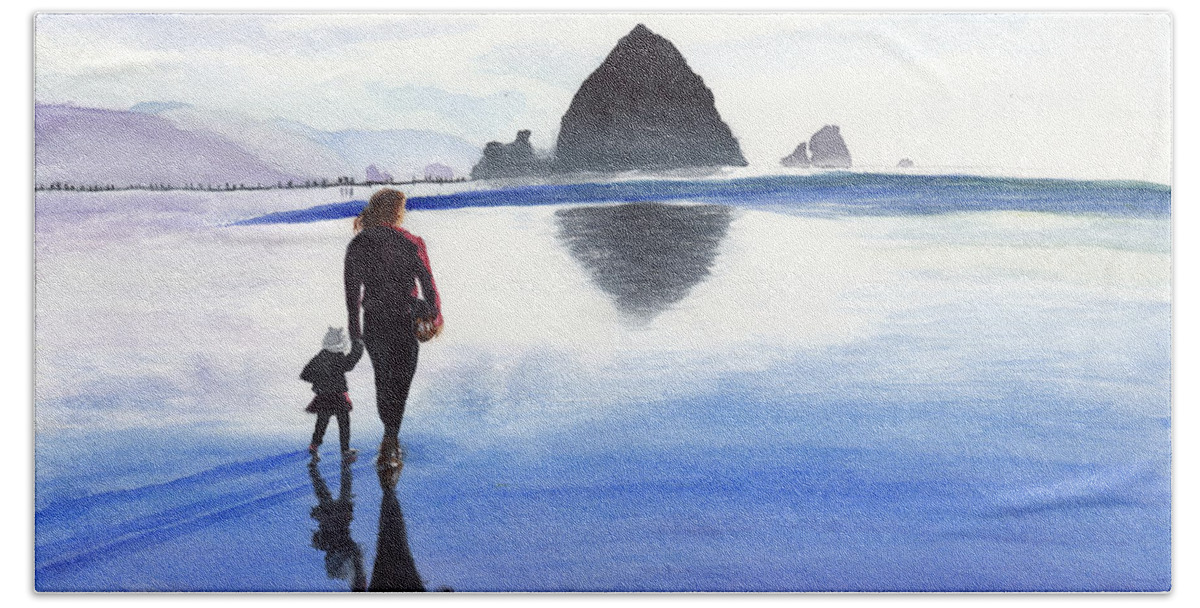 Woman And Girl Walking On Beach Bath Towel featuring the painting A Watery Walk to Haystack Rock, Oregon by Conni Schaftenaar