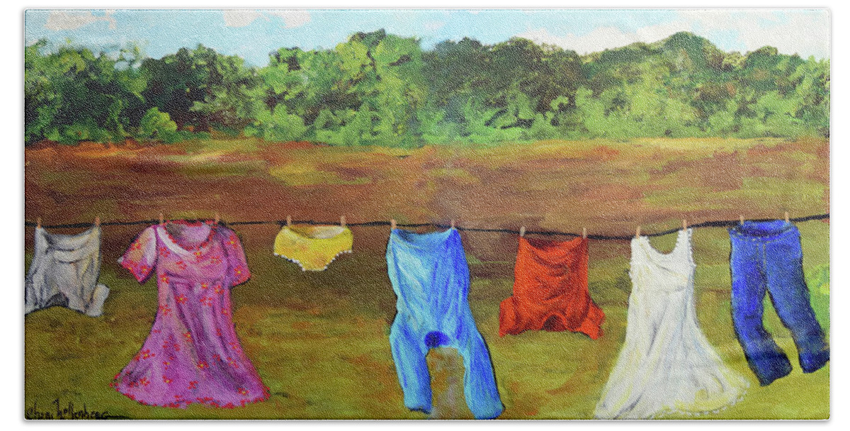 Laundry Bath Towel featuring the painting A Windy Clothes Line in Oklahoma - An Original by Cheri Wollenberg 2022 by Cheri Wollenberg