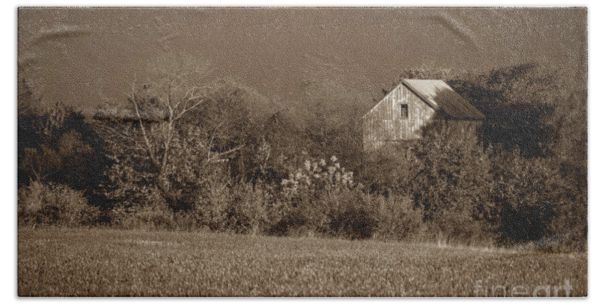 Sepia Bath Towel featuring the photograph Abandoned Barn In The Trees Monochromatic / Sepia Landscape Photo by PIPA Fine Art - Simply Solid