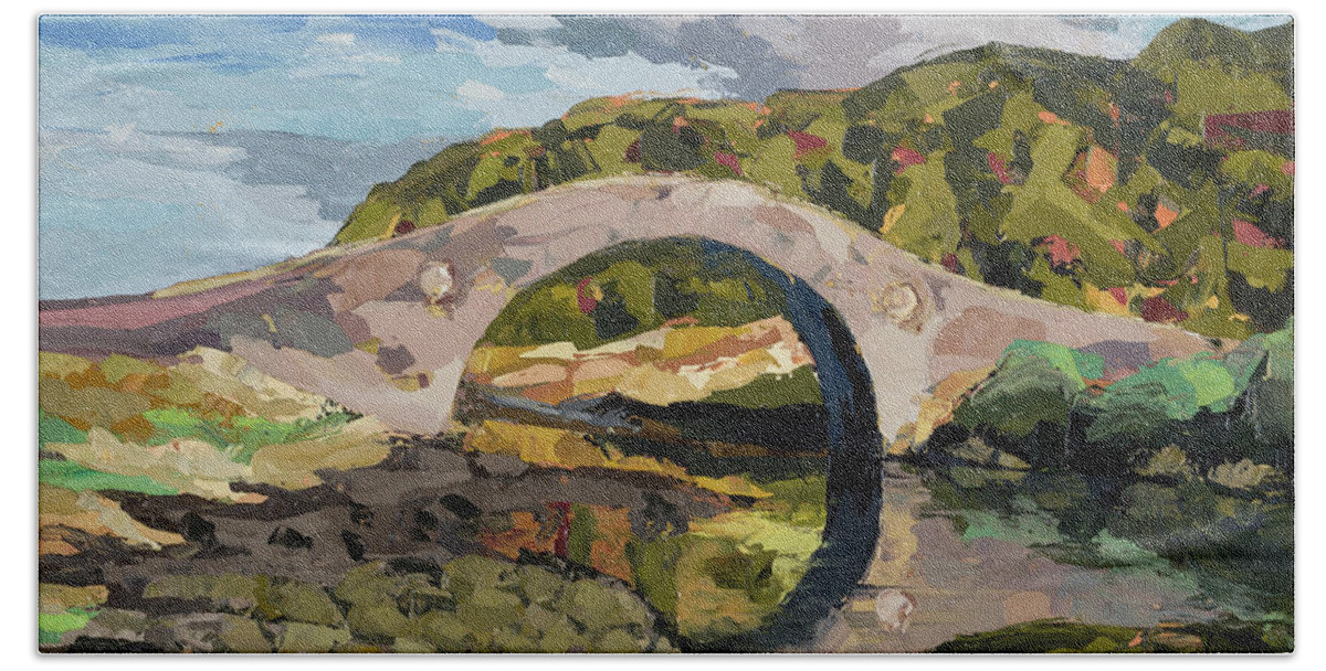 Scotland Bath Towel featuring the painting Abandoned Bridge, 2015 by PJ Kirk