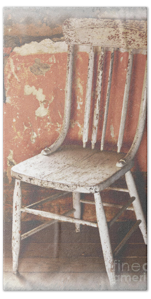 Chair Hand Towel featuring the mixed media Abandoned Chair, Remnant Wall by Kae Cheatham