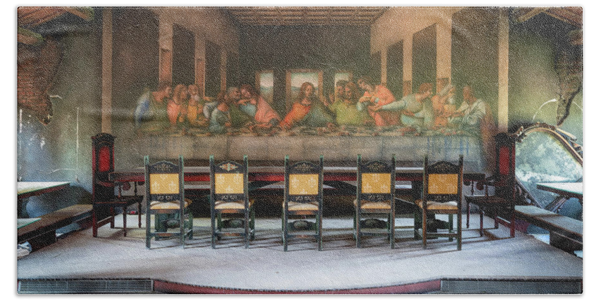 Abandoned Bath Towel featuring the photograph Abandoned Painting of the Last Supper by Roman Robroek