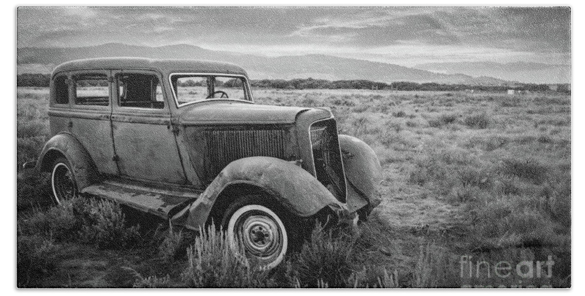 Car Bath Towel featuring the photograph Abandoned vintage car wreck by Delphimages Photo Creations
