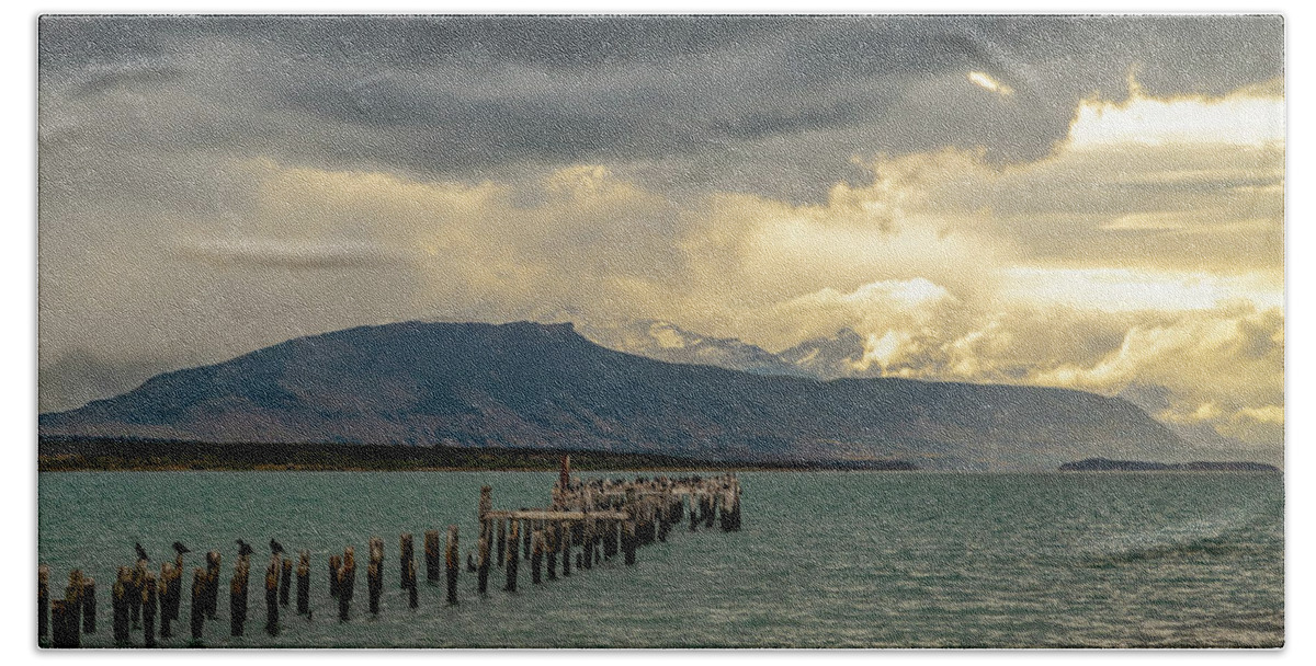 Andes Bath Towel featuring the photograph Abandoned wooden pier at Puerto Natales by Henri Leduc
