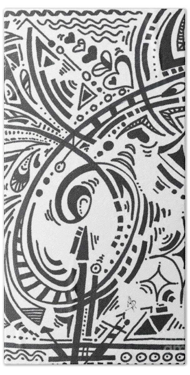 Black And White Hand Towel featuring the drawing Abstract Black and White MAD Doodle Sharpie Graffiti Drawing Original Sketch Art Megan Duncanson by Megan Aroon