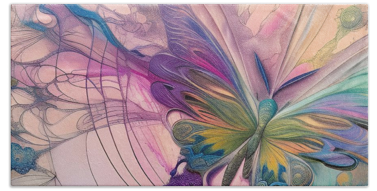 Digital Butterfly Abstract Pasteis Bath Towel featuring the digital art Abstract Butterfly in Pastels by Beverly Read