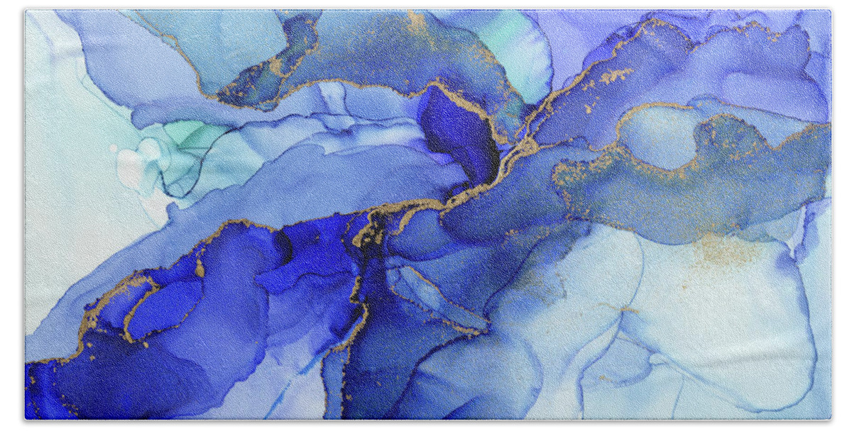 Blue Ink Bath Towel featuring the painting Abstract Floral Iris by Olga Shvartsur