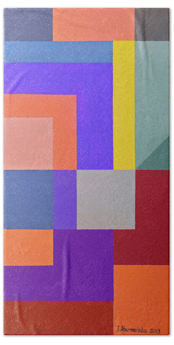 Abstract Hand Towel featuring the painting Abstract Geometric Composition Spring by Johanna Hurmerinta