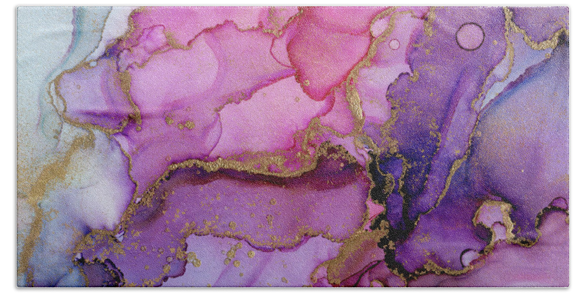 Ink Hand Towel featuring the painting Abstract Ink Magenta Gold by Olga Shvartsur