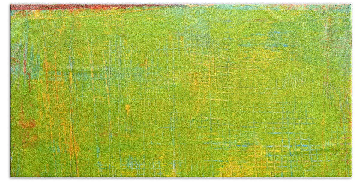 Abstract Landscape In Green Bath Towel featuring the painting Abstract Landscape In Green by Habib Ayat