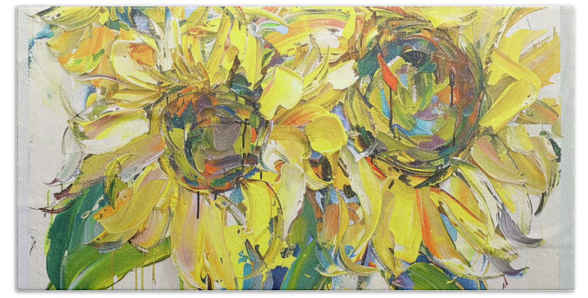 Sunflowers Bath Towel featuring the painting Abstract Sunflowers by Tina LeCour