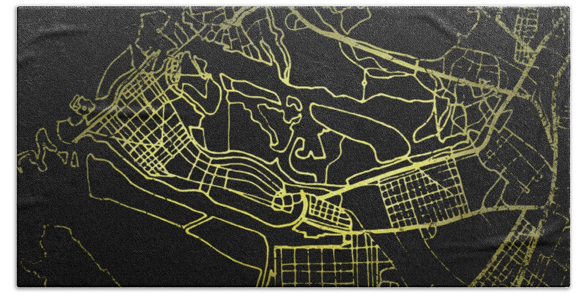 Map Hand Towel featuring the digital art Abu Dhabi Map in Gold and Black by Sambel Pedes