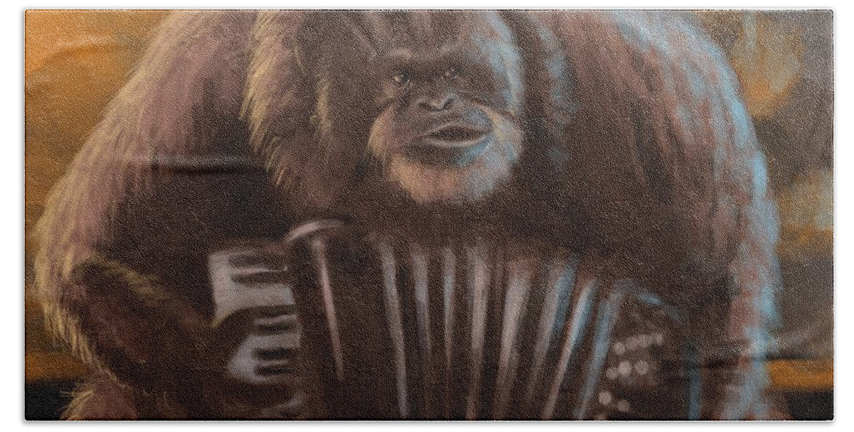 Gorilla Bath Towel featuring the digital art Accordion To Darwin by Larry Whitler