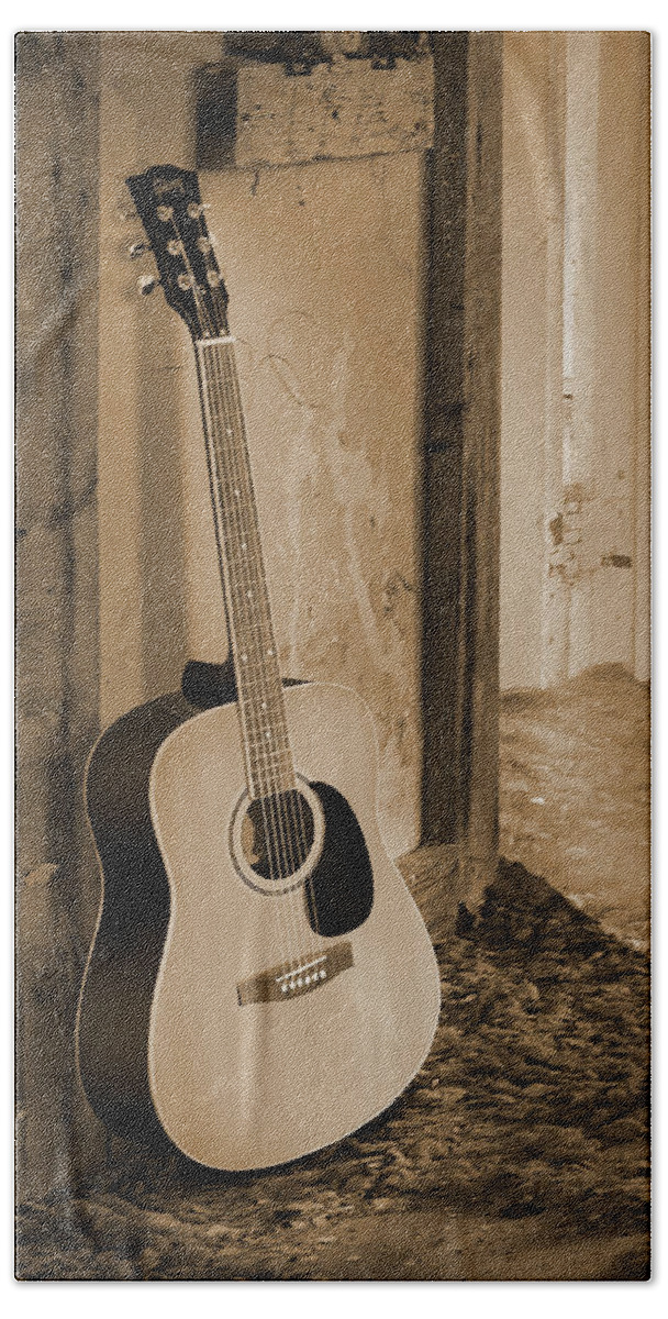 Acoustic Guitar Bath Towel featuring the photograph Acoustic Life 5 SQs by Mike McGlothlen