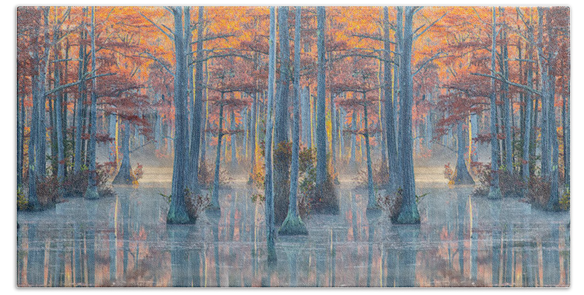 Cypress Trees Bath Towel featuring the photograph Adams Mill Pond Mirror by Jim Dollar