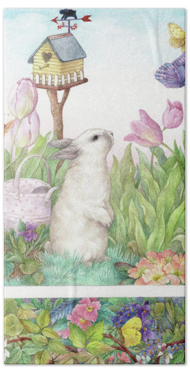 Painted Bunny Bath Towel featuring the painting Adorable Bunny and Tulips by Judith Cheng